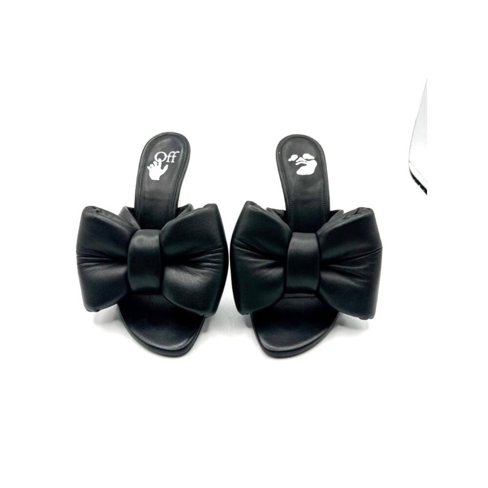 Off-White Allen Black Leather Bow Mule Sandals Stiletto Heel